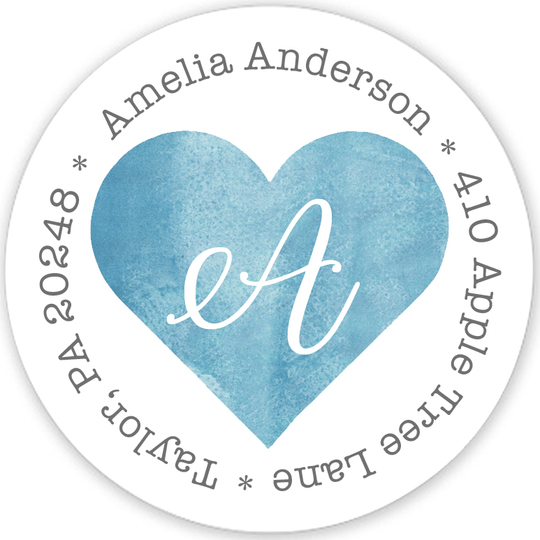 Blue Watercolor Heart Round Address Labels